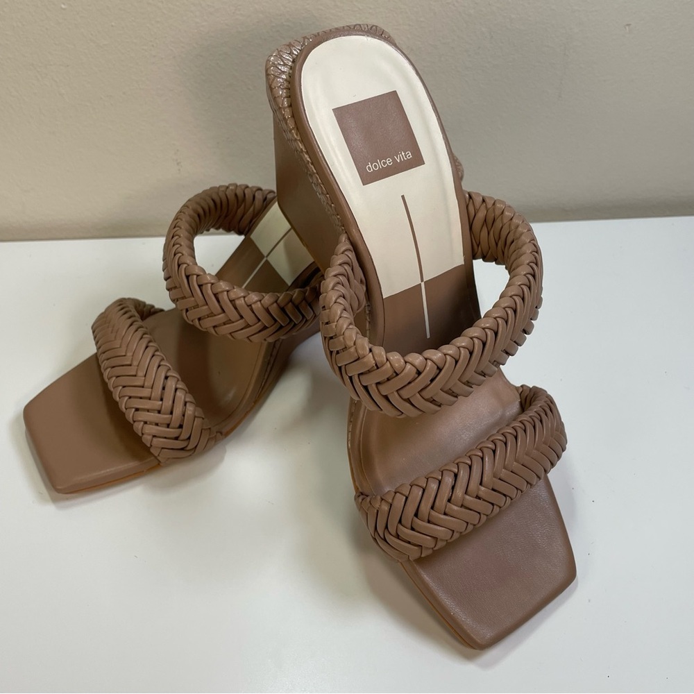DOLCE VITA Sahale Braided Wedge Sandals Cafe Brown Square Toe Size 7 Boho Chic - Picture 2 of 11